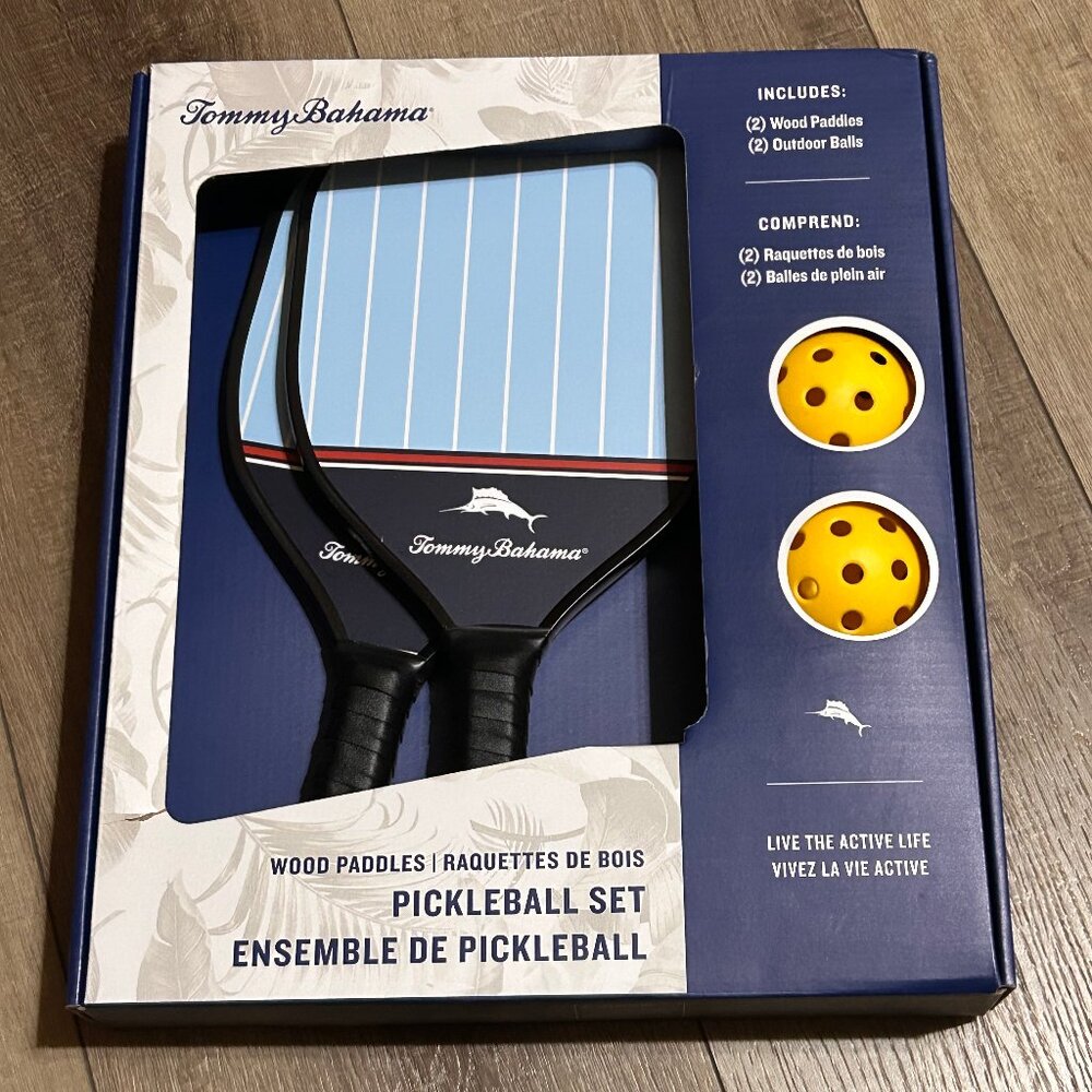 NEW Tommy Bahama Pickleball 4pc Set 2 Paddles & 2 Balls Blue Stripe